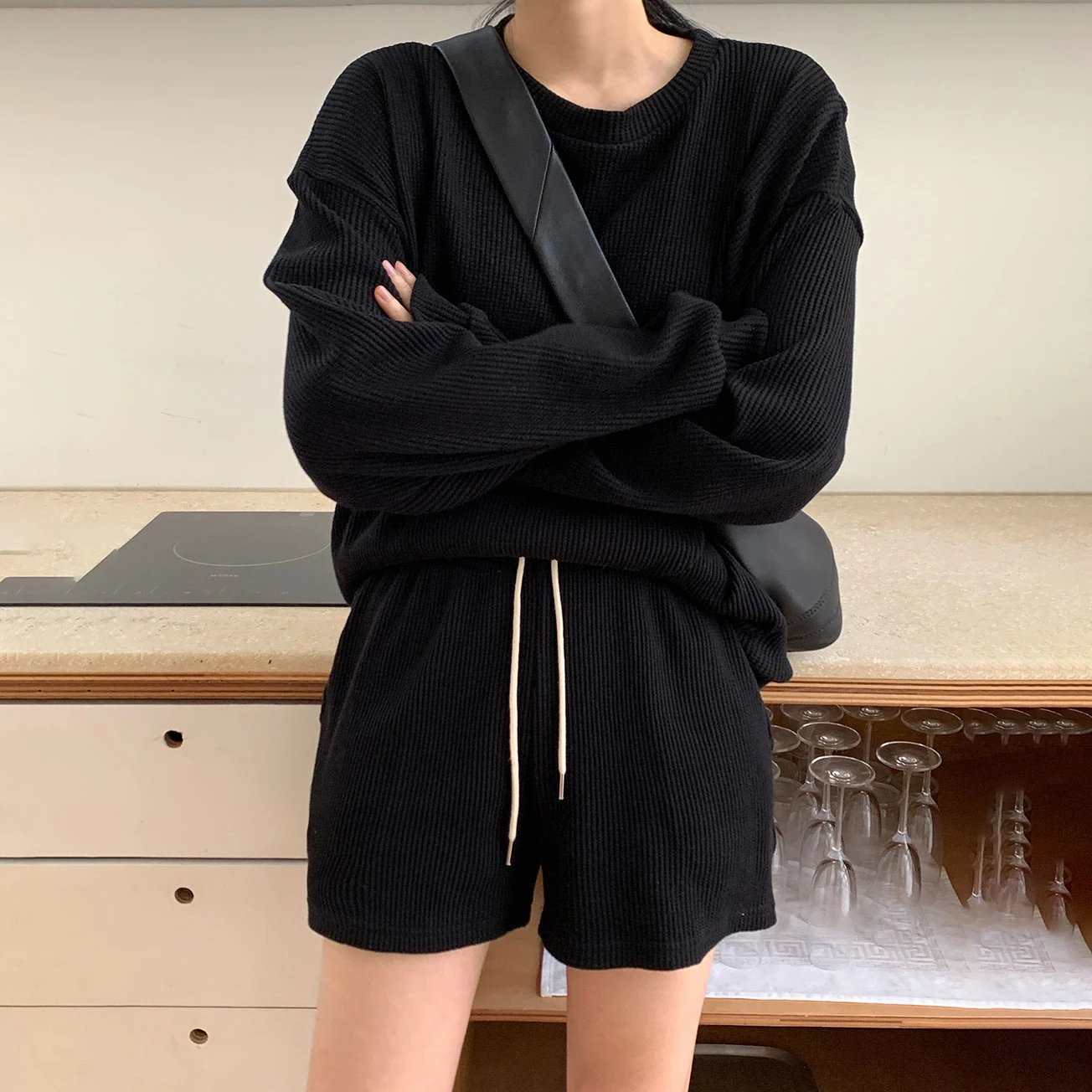 Casual Women Two-piece Suit Outfits 2021 Solid Home Loose Drawstring Shorts 2 Piece Sets Sports Tracksuit |