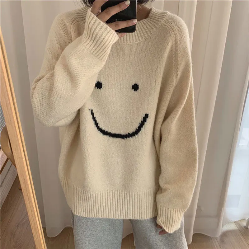 

ZOTTSOZ Casual Harajuku Jumpers Tops Women Fashion Knitted Smile Sweater Streetwear Loose Pullovers Knitwear Autumn Winter 2021