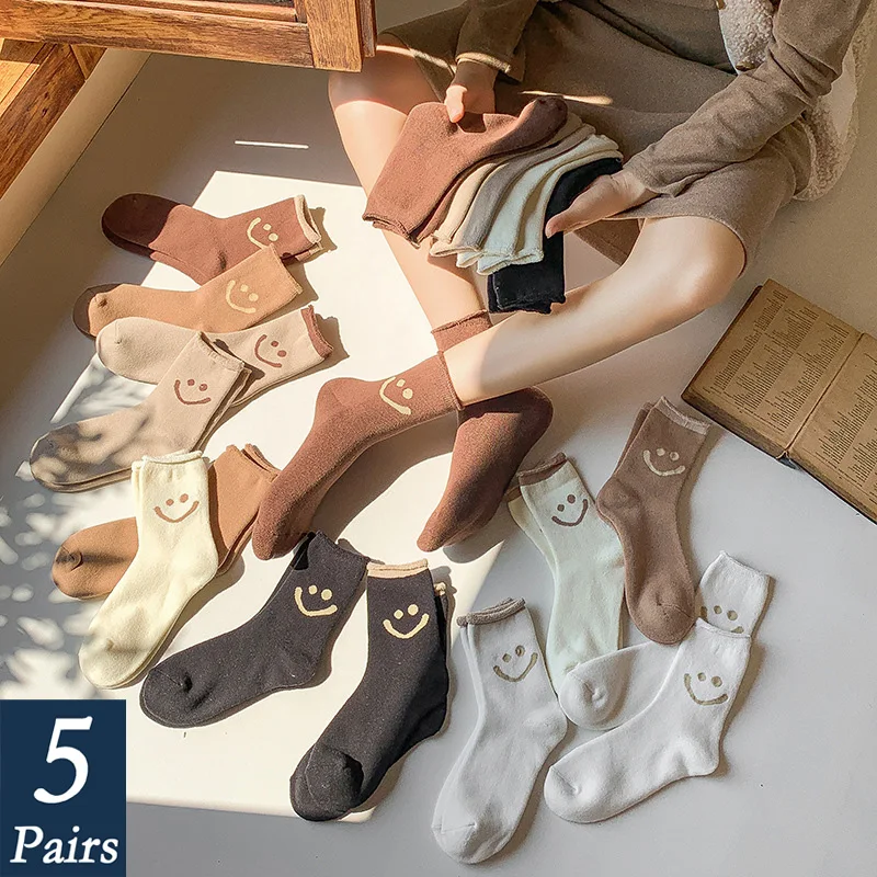 5 пар в партии носки со смайликами для женщин 2020 модные зимние теплые