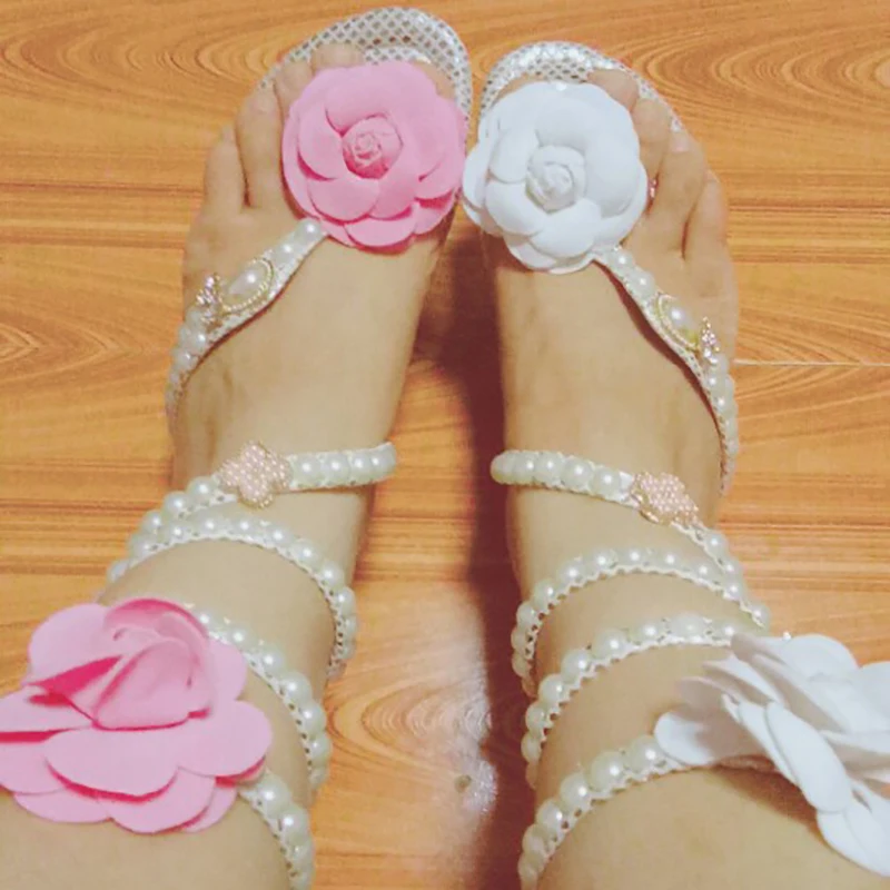

Flat Floral Sandals Snake Strap Women Summer Shoes Pearl Flowers Women Gladiator Rhinestone Sandals Open Toe Sexy Ladies Shoes