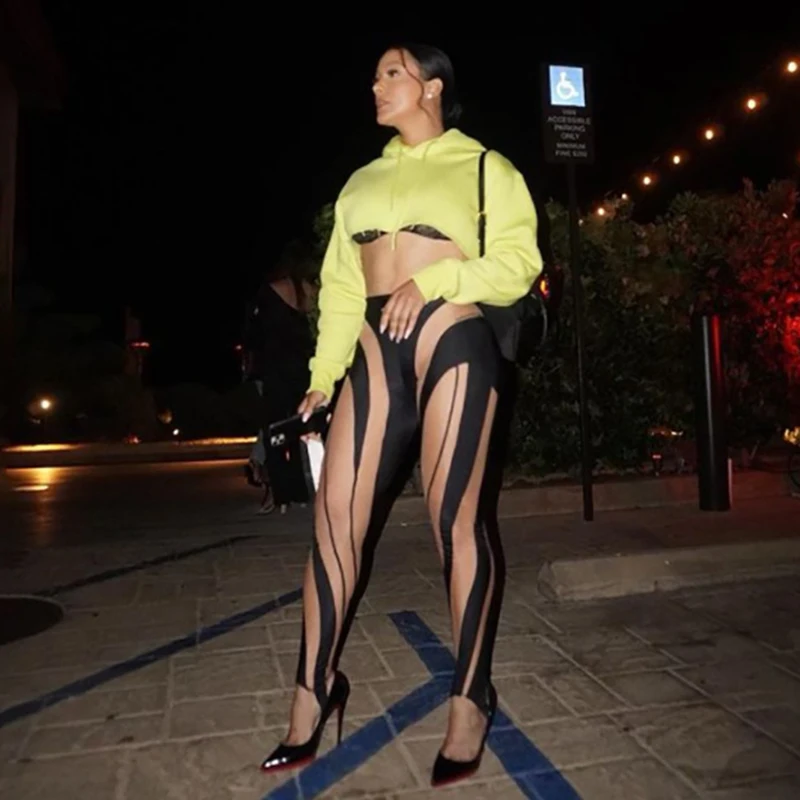 

Mesh Patchwork Skinny Pants Women Black See Through High Waist Trousers Summer Outfits 2021 Femme Sexy Push Up Long Pants