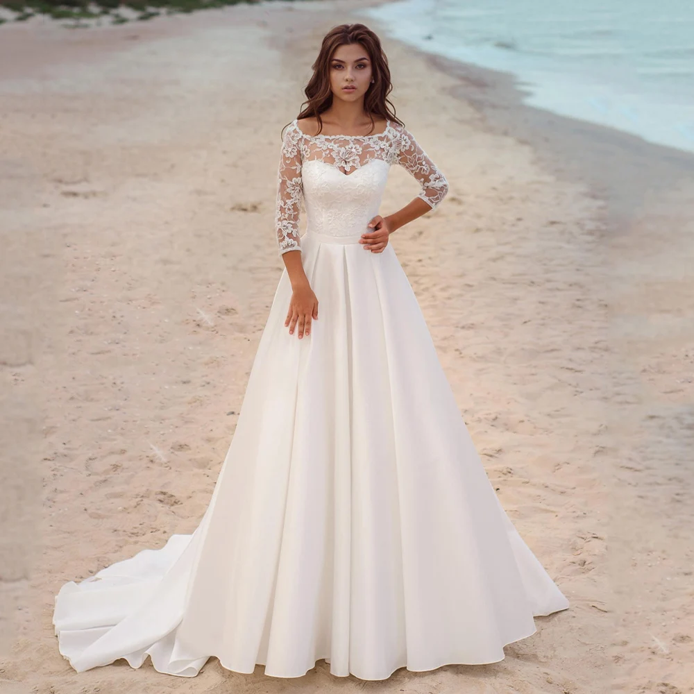 

Robe De Mariee Wedding Dress 2021 Long Sleeves Scoop Neck Lace Satin A Line Sweep Train Bridal Wedding Gown