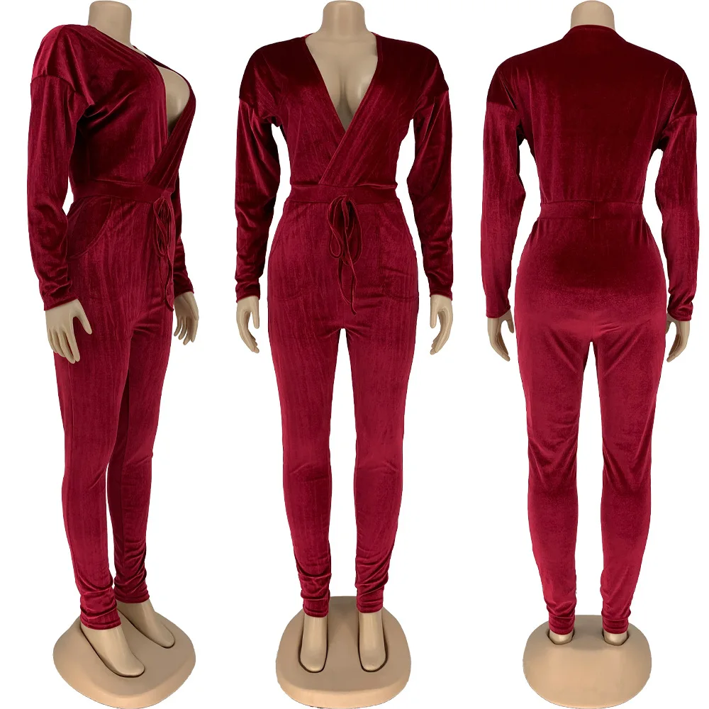 

Elegant Velvet Bodycon Jumpsuit Women 2020 Sexy V Neck Long Sleeve Drawstring Leggings Body Rompers Womens Jumpsuit Clothes