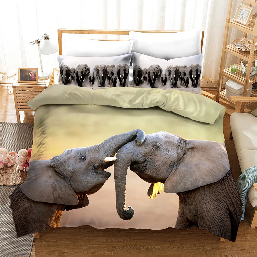 

3d Elephant Printed Duvet Cover Set Playing with Wild Animals Decorative Bedroom 3pcs Bedding Set with Pillowcases King Size