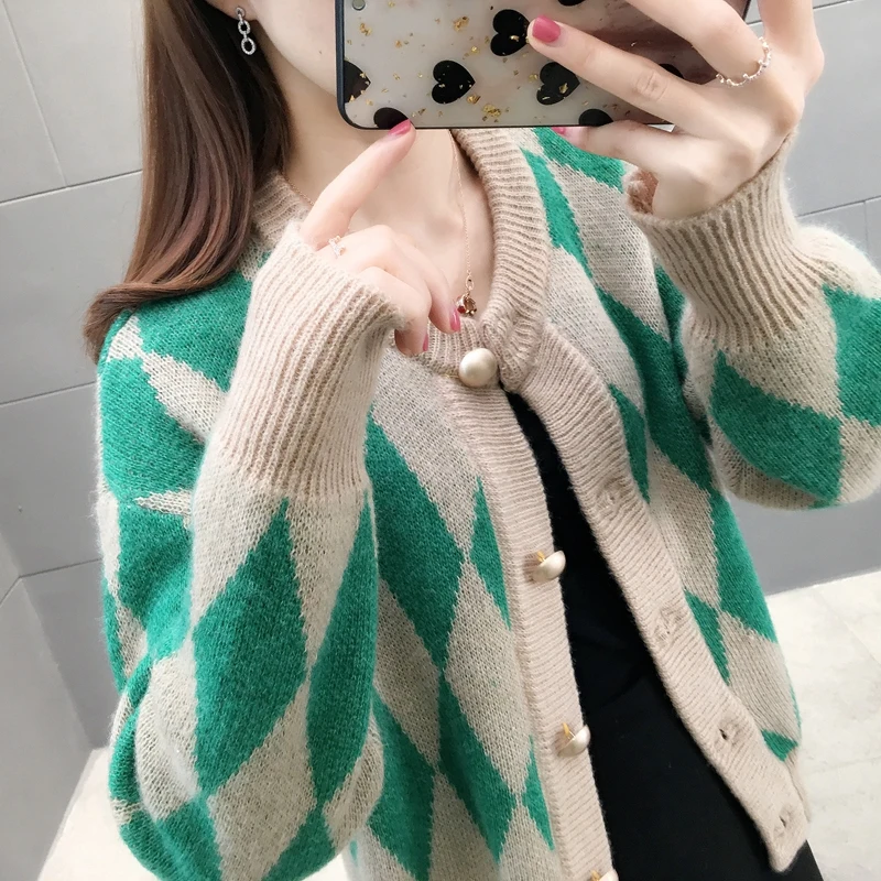 

438859 real picture diamond jacquard color block knitted cardigan sweater [zone a 61]ag