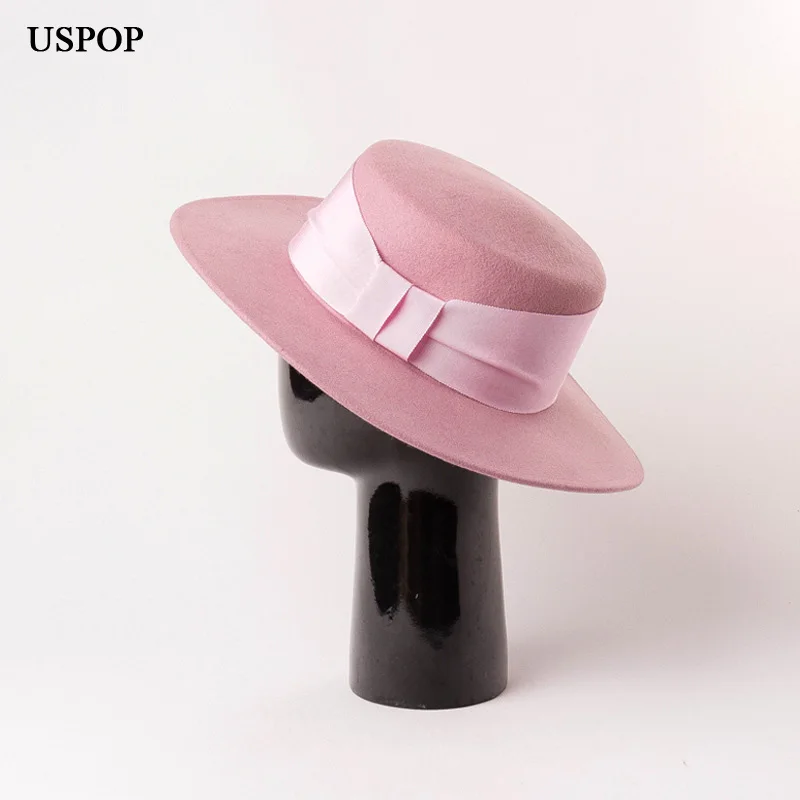 USPOP, новинка, Осень-зима, плоский верх, шерсть, fedoras, для женщин, Широкий Бант, лента, шерсть, шапки, модные, женские, одноцветные, толстые, шерстяные шапки