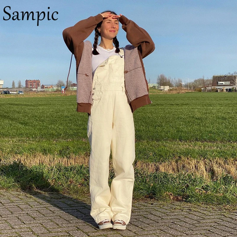 

Sampic Fashion Vintage Summer Y2K Chic Denim Overalls Wide Leg Jumpsuit Women Loose Combinaison Femme High Waist Jumpsuit 2021