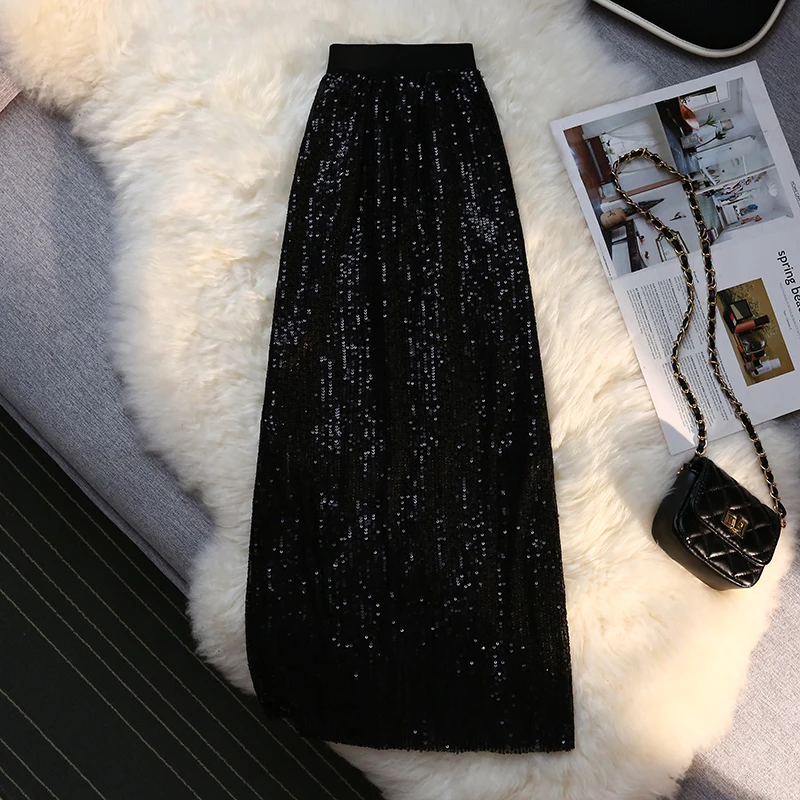 Skirts Womens High Waist Glittering A-line Elegant Sequins Long Skirt Female Falda Summer Stylish Elastic Split Midi | Женская одежда