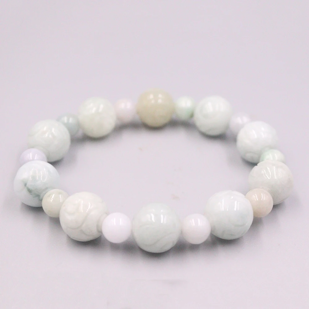 

Natural Jade Bead Bracelet For Women Female Men Green Jade Beads 14mm Carved Pattern Beads Light Green Bracelet