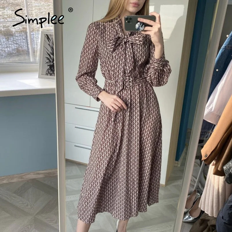 Simplee винтажное женское платье миди с цепочкой пояс и галстук бабочка женские