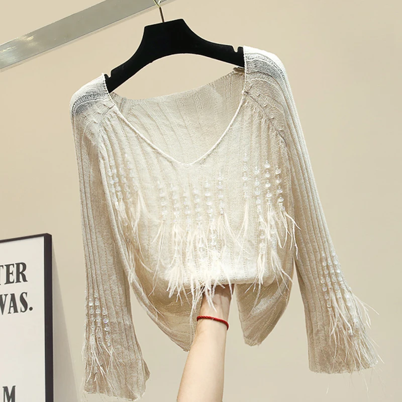 

Autumn Winter Women Bottoming Shirt 2021 Lazy Wind Loose V-neck Sequins Feather Loose Long Sleeve Knitted Sweater Pullovers Top