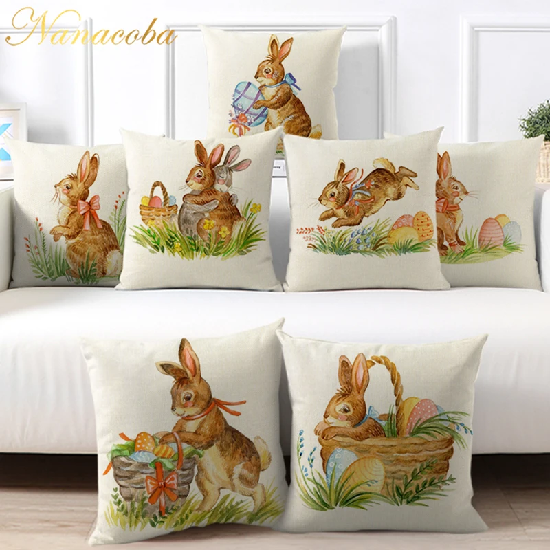 

Easter Bunny Egg Hunt Pattern Decorative Cushion Cover Easter Rabbit Linen Throw Pillowcase for Sofa Office Nap Pillows Cover