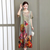 vintage floral print summer dress women boho short sleeve long dress o neck collar casual plus size dresses robe