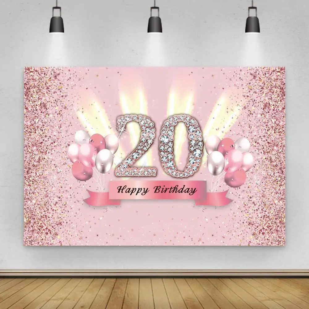 

Gliiter Number Customize 20 Pink Birthday Backdrop Women Adult Happy Birthday Party Banner Balloons Decor Photo Booth Background