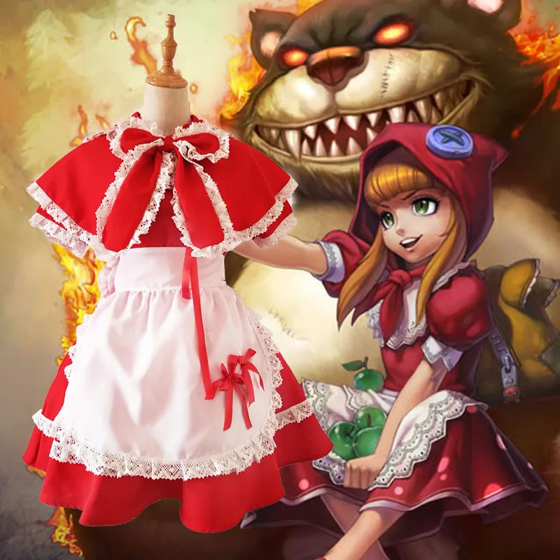 

Game LOL Annie Little Red Hood Maid Apron Dress Uniform Outfit Halloween Hallowmas Festival Cosplay Costumes Female Dress Cos