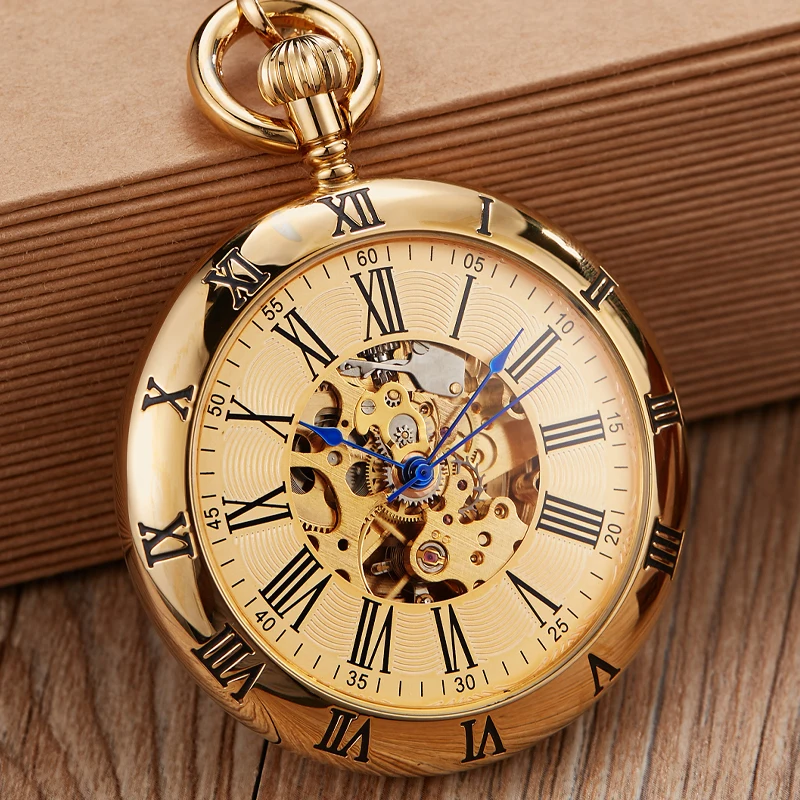 Antique Pocket Watch FOB Mechanical Vintage Golden Copper Men Women Engraved Fob Chain Automatic Retro Pocket Watches