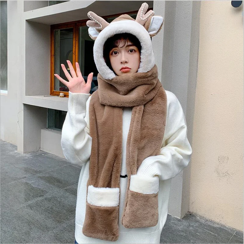 3 в 1 перчатки шарф олени рога уши Милая мультяшная шапка кавайный Забавный