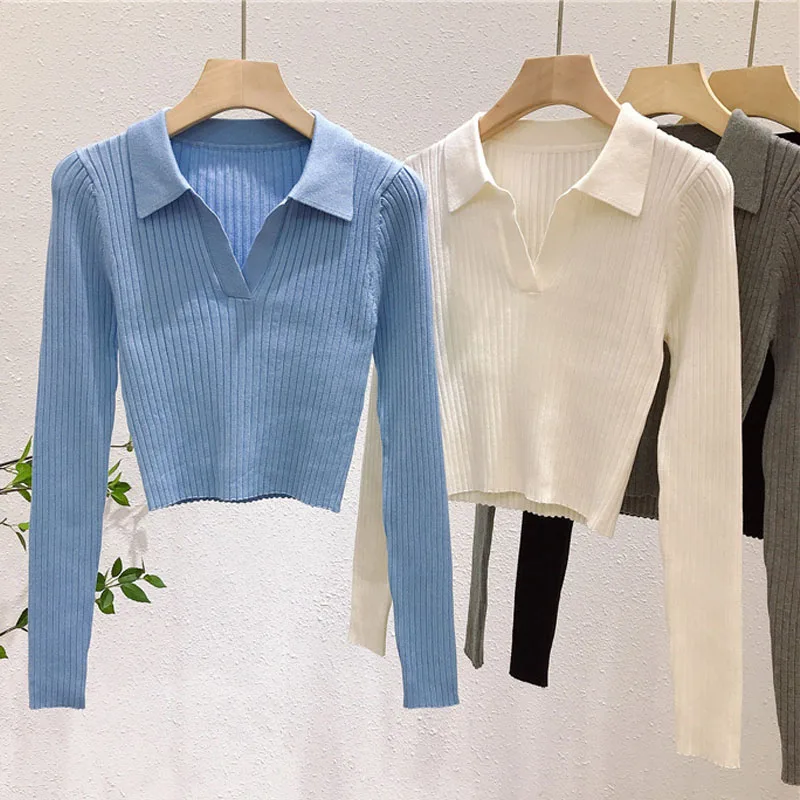 Женская трикотажная рубашка-поло с V-образным вырезом и длинным рукавом | одежда