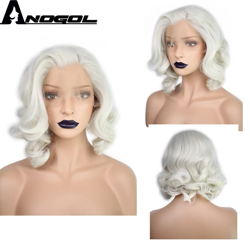 Anogol Platinum Blonde Free Parting Short Body Wave Bob High Temperature Fiber Natural Hair Synthetic Lace Front Wig For Women