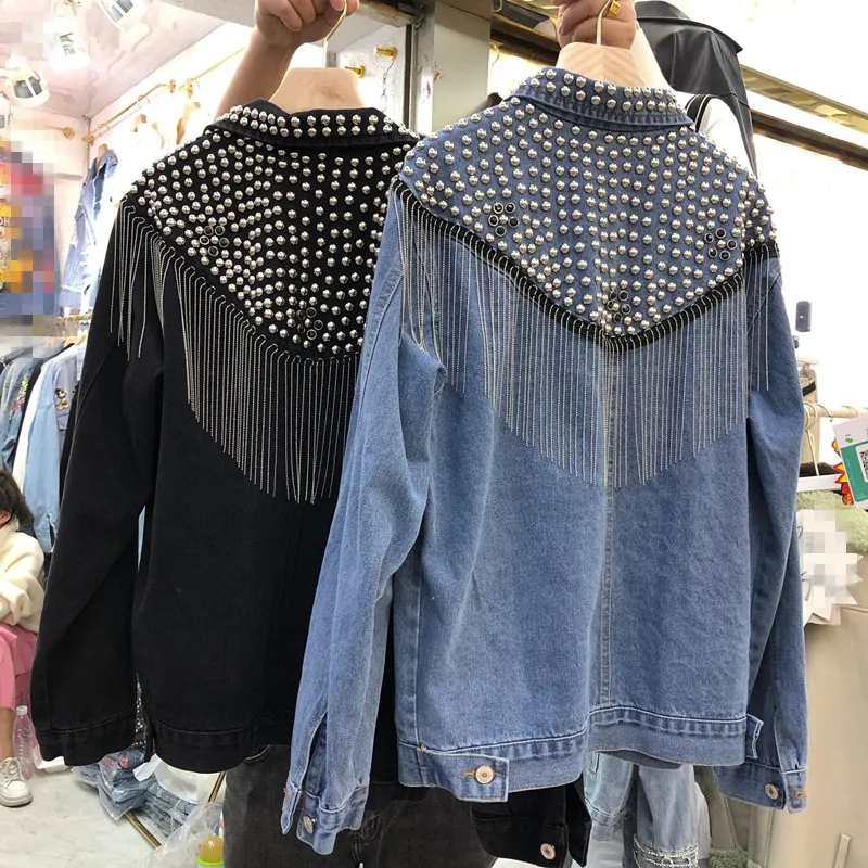 Женская джинсовая куртка с длинным рукавом черная Свободная в стиле бойфренд