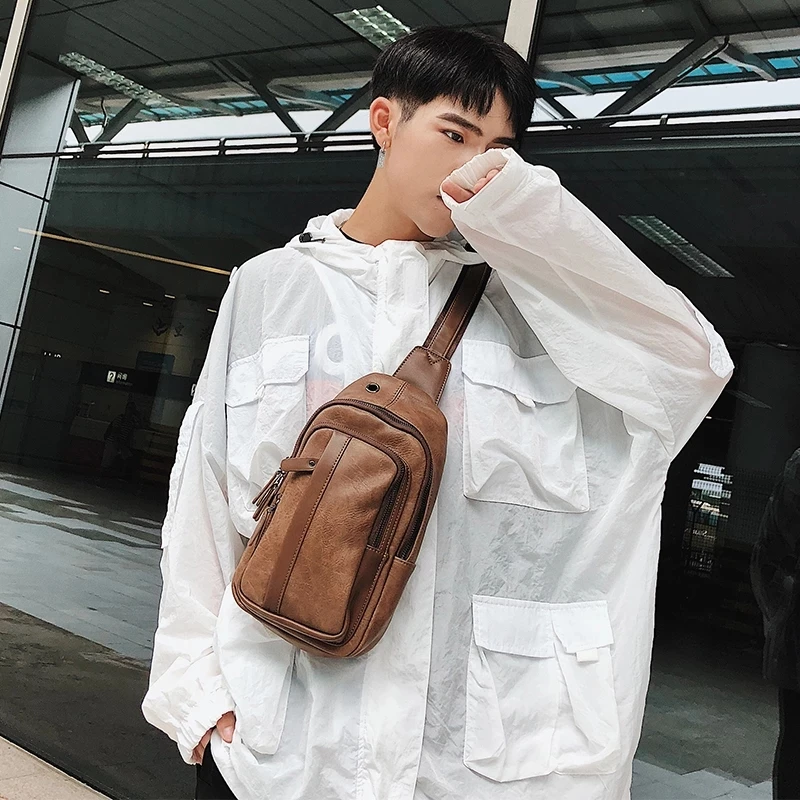 

Retro Casual Men's PU Leather Chest Bags Zipper Single Shoulder Crossbody Bag Male Short Trip Chest Pack Money Phone Handbag