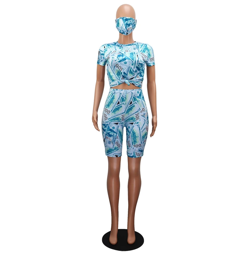 

Dollar Money Print 3 Piece Set Short Sleeve Crop Top T Shirts Shorts Tracksuit Summer Women Casual Stretch Suit Elegant Matching
