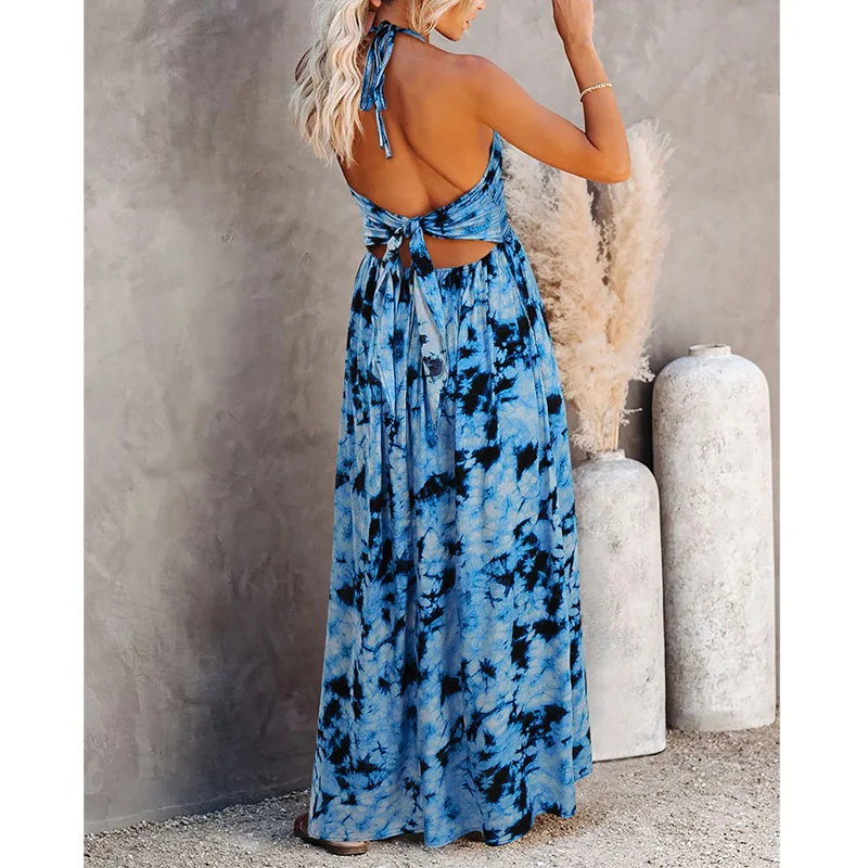 

2021 Summer Beach Ladies Halter Halter V-neck Loose Long Skirt Casual Dress