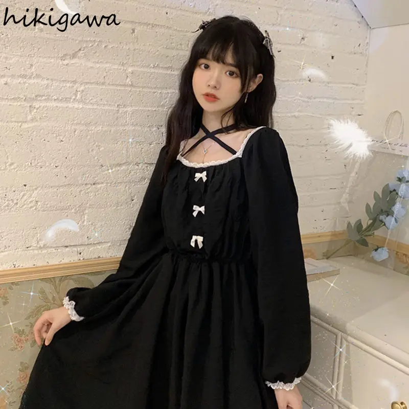 

Hikigawa женские черные винтажные шикарные платья принцессы Лолиты с квадратным вырезом милые кружевные платья с бантом женское платье 96743