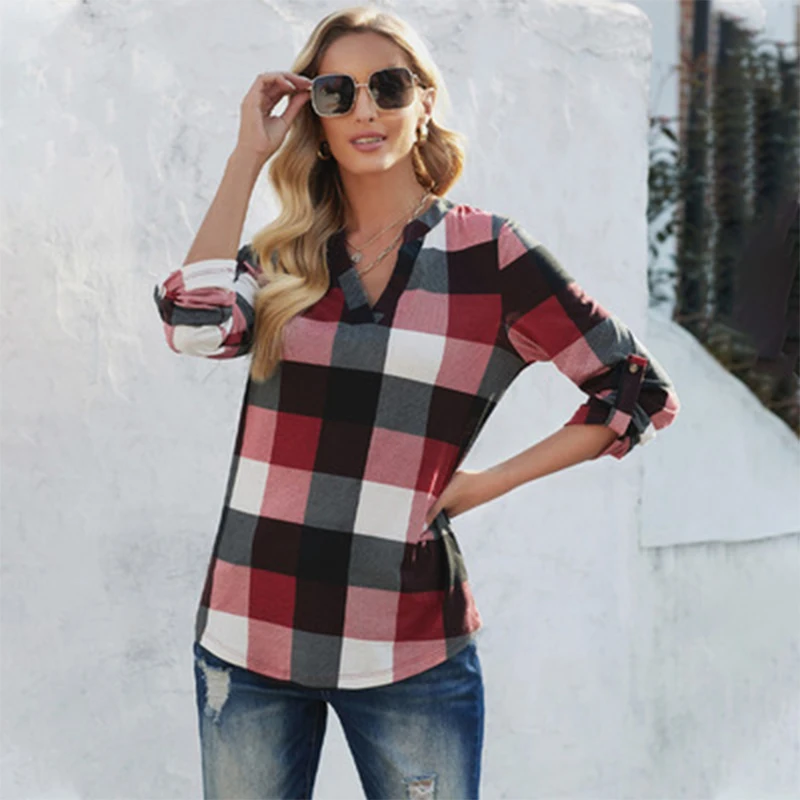 

traf Autumn v-neck contrast long sleeve casual plaid shirt trafaluc xnwmnz women 2021 zarina shein official shop clothing store