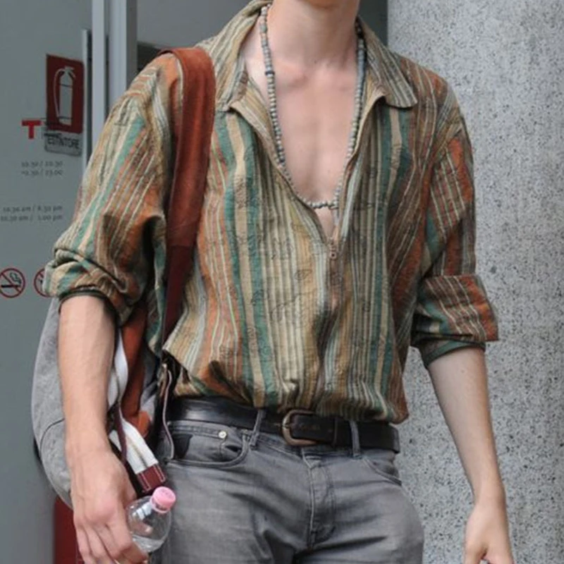 

Vintage Pattern Print Men Shirts Beach Spring Summer Casual Long Sleeve Loose Cardigan Top Button Lapel Shirt Fashion Streetwear