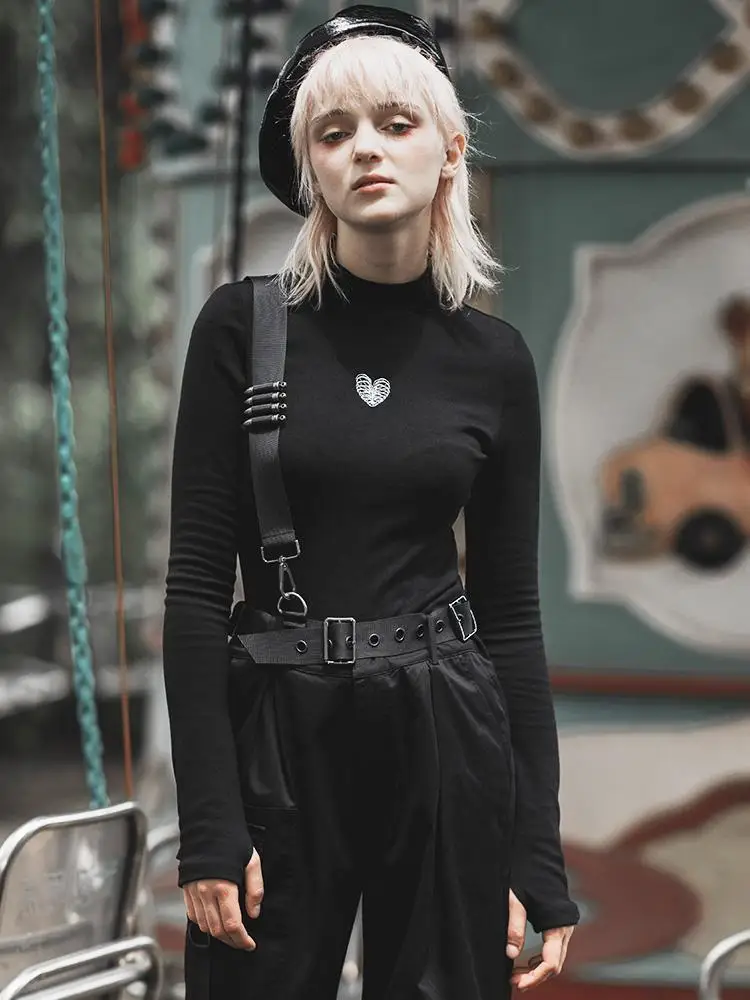 Панк рейв женские пояса с высоким воротом длинными рукавами сердце вышитые