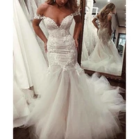 off the shoulder sexy illusion mermaid wedding dress court train layers tulle bridal gowns with floral lace