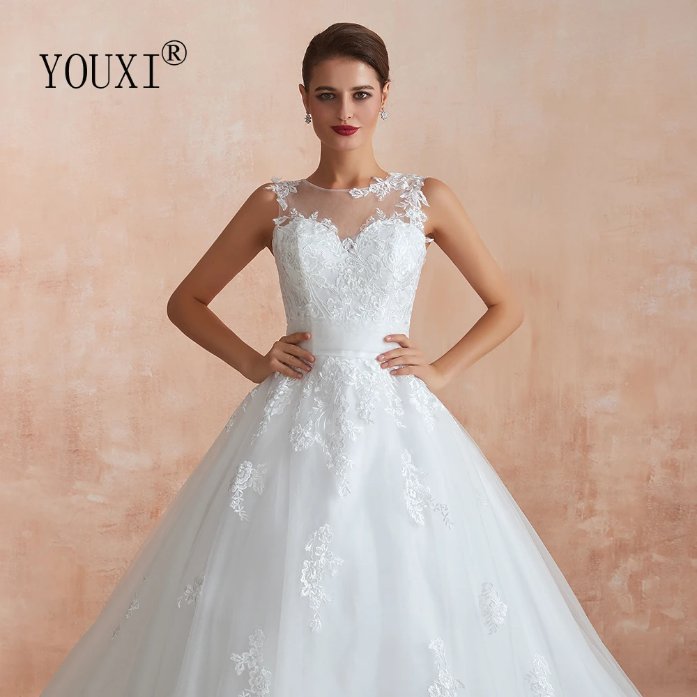 

YOUXI Wedding Dress 2019 Ball Gowns Appliqued Lace Boat Sheer Neck Weding Gowns Bride Robe de Mariee