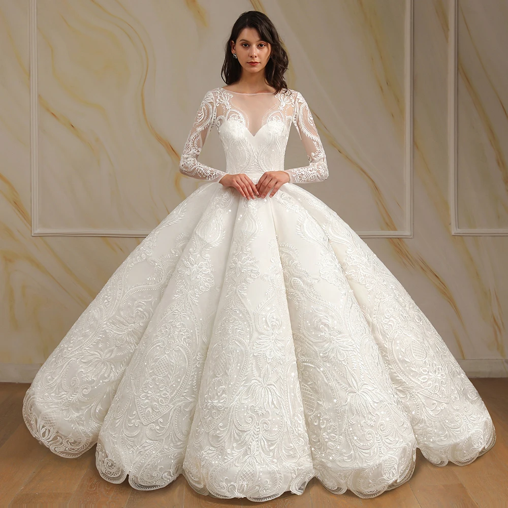 Elegant Long Sleeve Wave Ball Gown Wedding Dress 2021 Luxury Boat Neck Lace Sequins Wedding Bridal Gowns Robe de Mariee