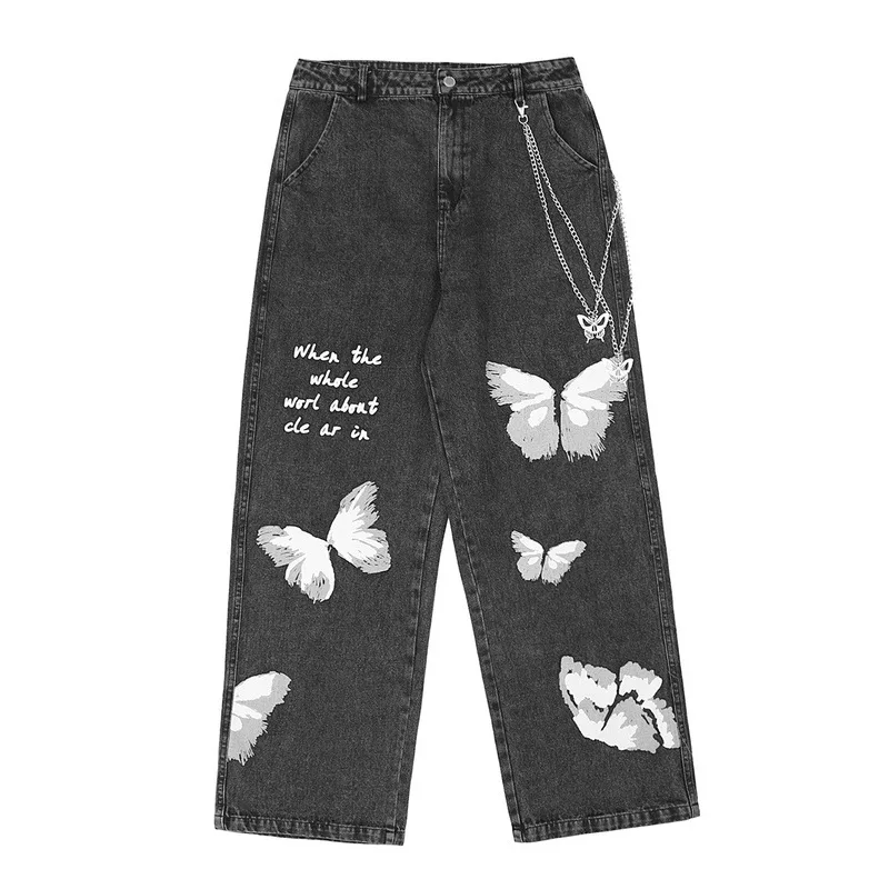 Korean Fashion Butterfly Graffiti Print Punk Men Baggy Jeans Trousers Hip Hop Straight Loose Wide Women Kpop Denim Pants Spodnie