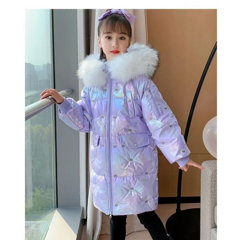 

Winter Shiny Jacket For Girls White Fur Hooded Long Coat Girls Teen Children Overcoat Cotton Parka 4-12Y TZ662