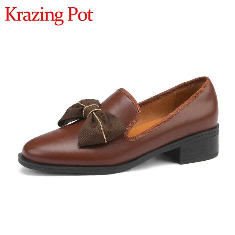 

Krazing pot spring loafers maiden vintage slip on full grain leather round toe butterfly-knot med heels lovely women pumps l36