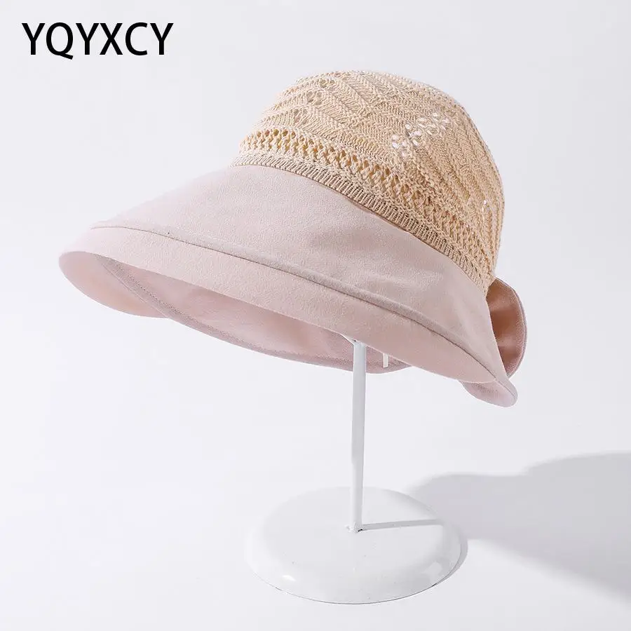 

YQYXCY Summer Hats For Women Empty Top Outdoor Sunscreen Folding Sun Hat With Big Bow Beach Hat Female Wide Brim Cloth Sunhat