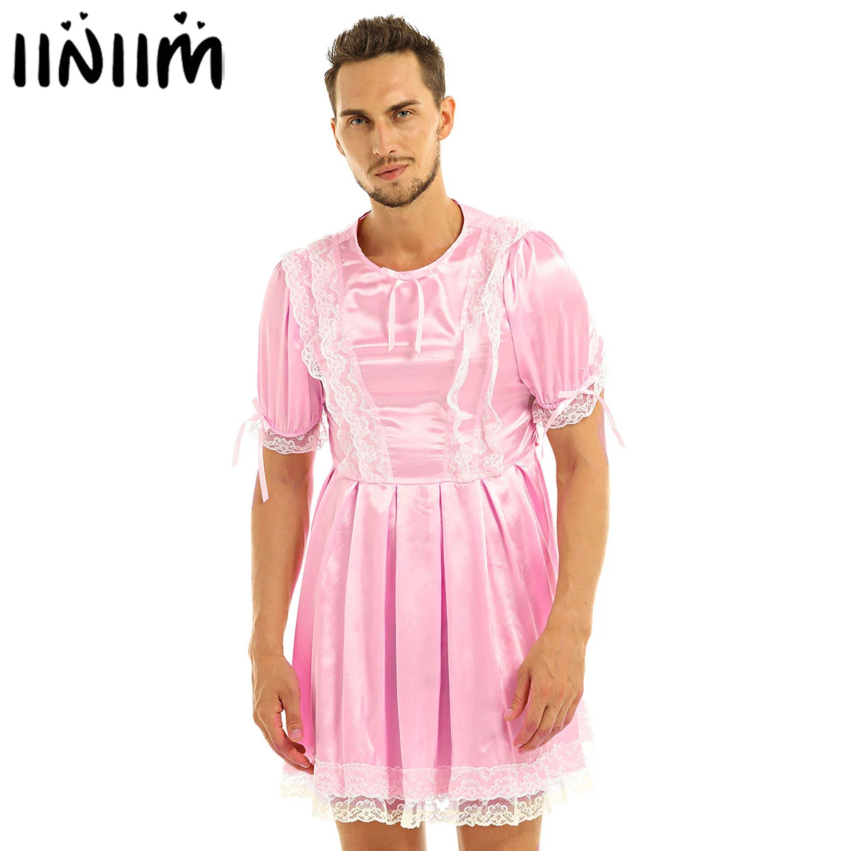 Iiniim/Дети Мальчики Для мужчин нижнее белье SISSY вечерние атласные Короткие с рукавами-фонариками; с отделкой из кружева сексуальное коктейльное платье пижамы для детей и взрослых, переодевания; большие размеры костюмы