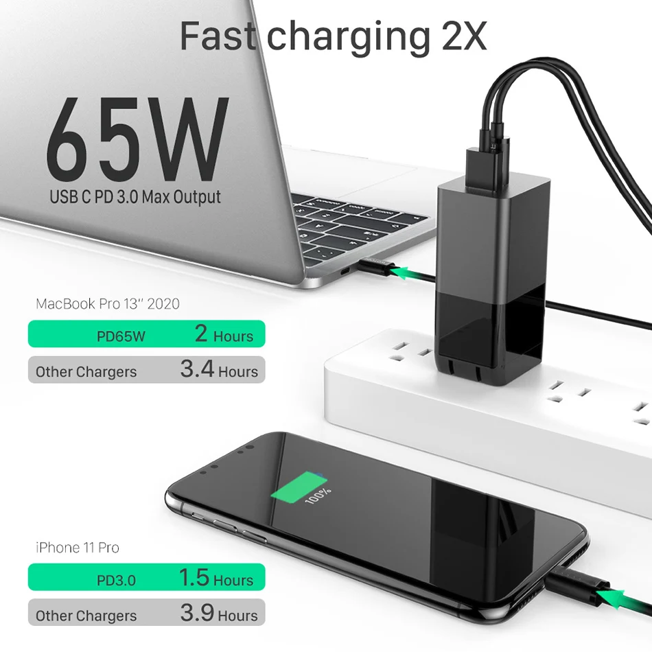 URVNS 3 портов 65 Вт Ган USB C QC 0 зарядное устройство для быстрой зарядки Samsung note10 S9 Xiaomi Mi