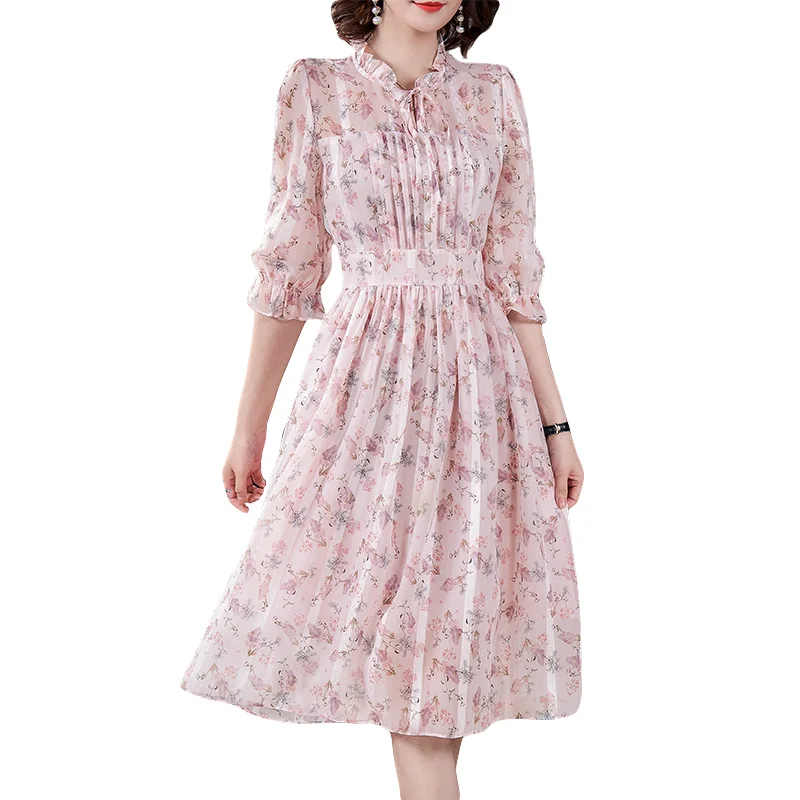 

LUKAXSIKAX 2021 New Spring Summer Women Ruffled Three Quarter Sleeve Elegant Slim Dress Sweet Pink Floral Chiffon Dress