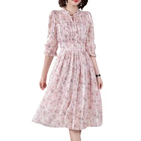 lukaxsikax 2021 new spring summer women ruffled three quarter sleeve elegant slim dress sweet pink floral chiffon dress
