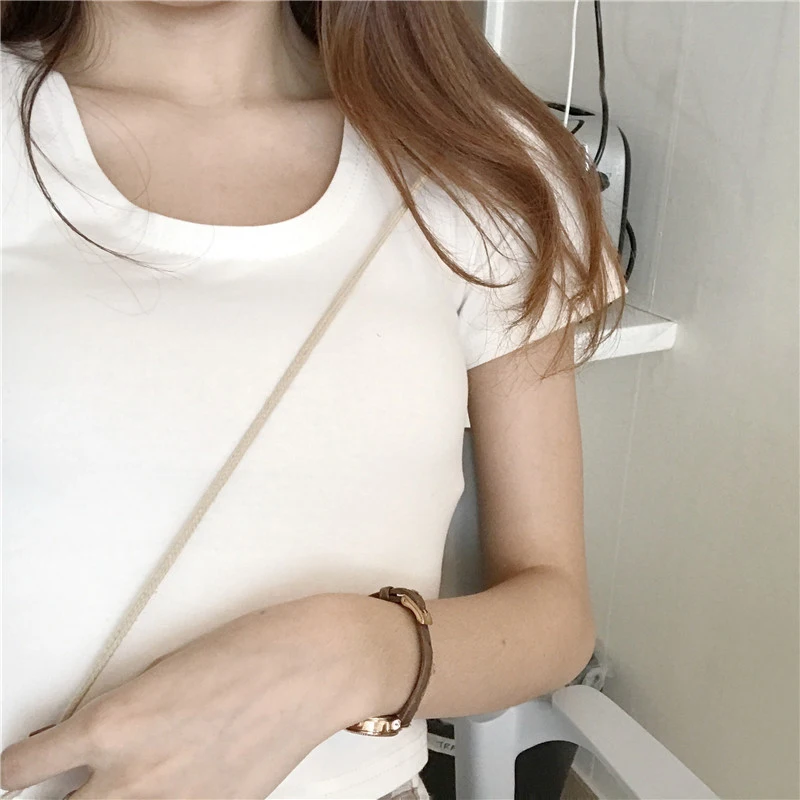 

South Korea short dew navel cotton tight solid color round collar sexy high waist short-sleeved t-shirt women