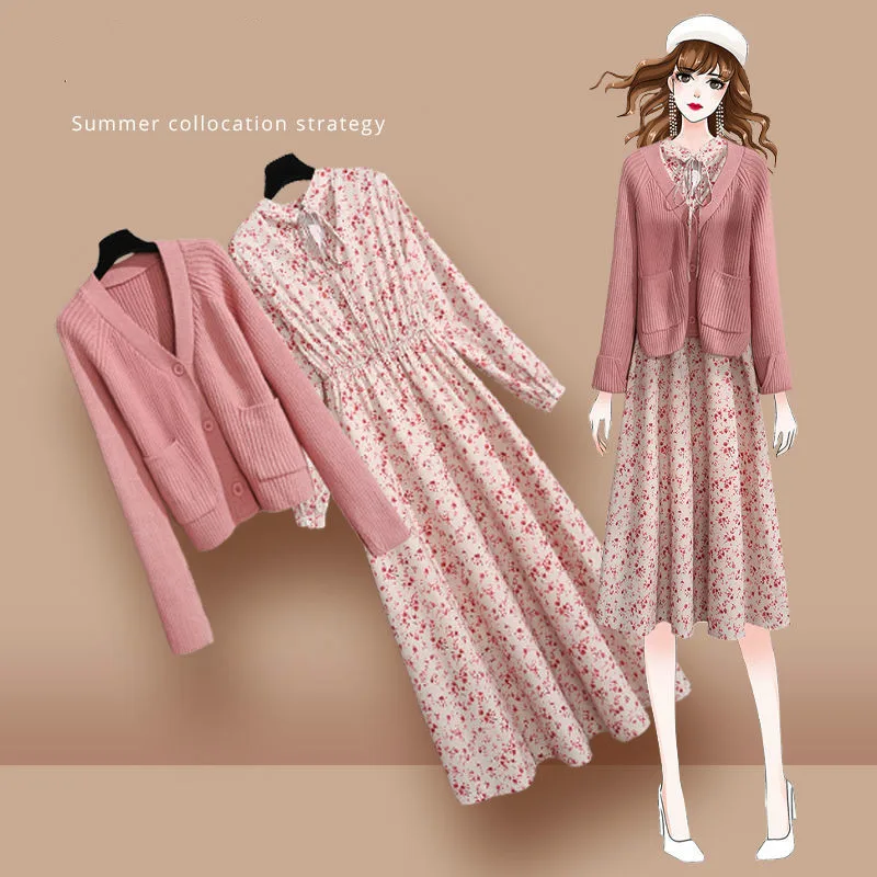 

2021 New Spring Autumn Dress Women Large Size Floral Dress Vintage Long Sleeve Knitted Sweater Two-piece Suit Y452