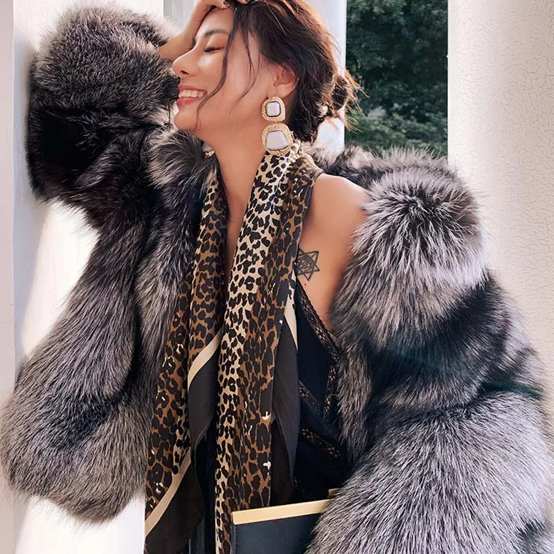 BFFUR 2022 New Winter Real Fur Coat Women Fashion Natural color Silver Fox Fur Short Stand-Up collar Overcoat Female Luxury