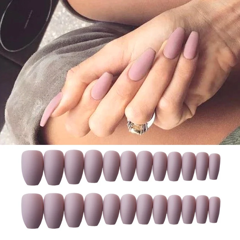 

24pcs Coffin Fake Nails Matte Pink Black Blue Color Ballerina False Nail Art Tips With Glue Acrylic Full Cover Fake Nails