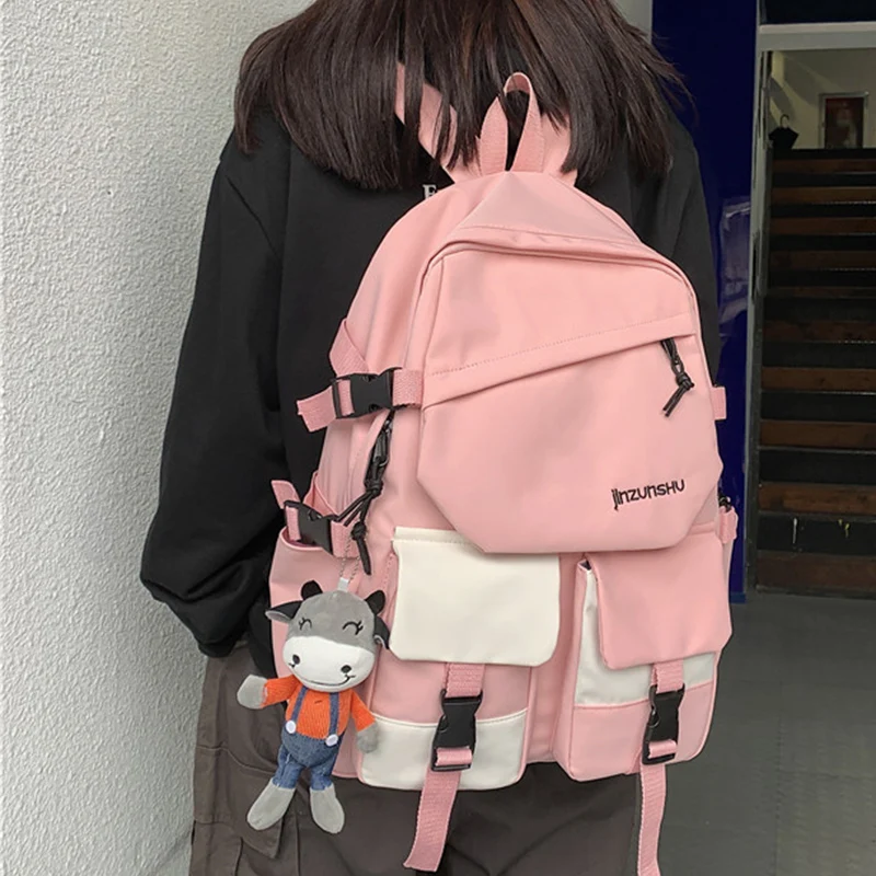 

EST 2021 New Women Bags School Shoulders Backpack Patchwork Cover Waterproof Nylon Kawaii Pendant Mochilas girl Large Capacity