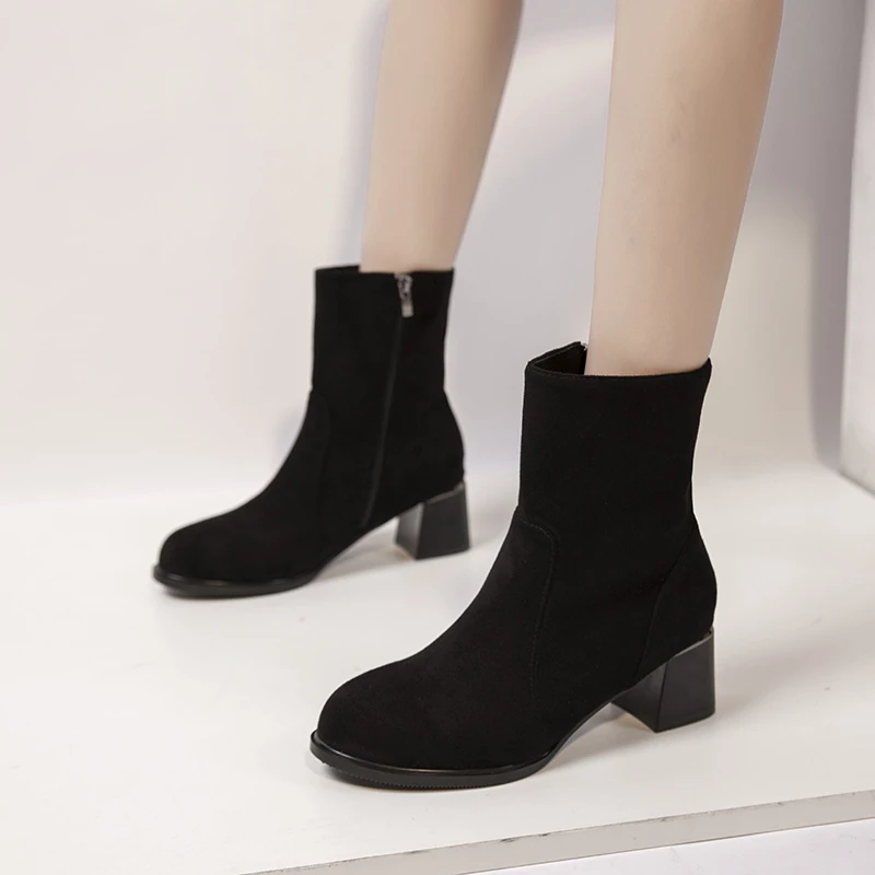 

2021 Winter New Ladies High Quality Padded High Heels Women's Ankle Boots Round Toe Zipper Women's Boots Large Size 42