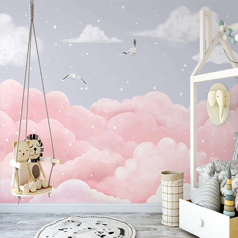 Custom Any Size Mural Wallpaper Nordic Style Hand Painted Fantasy Cloud Sea Bird Children's Room Pink Mural Papel De Parede 3 D