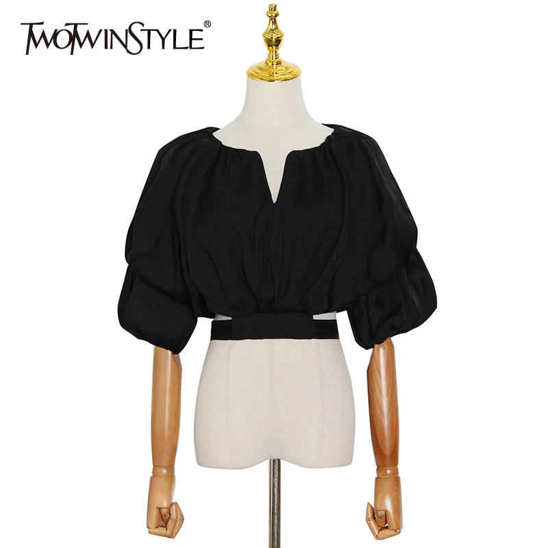 

TWOWTINSTYLE Patchwork Casual Shirts For Women V Neck Puff Half Sleeve Lace Up Slimming Blouses Females Summer New Clothing 2022